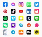 Social media icons vector set with Facebook, Instagram, Twitter, TikTok, YouTube logos